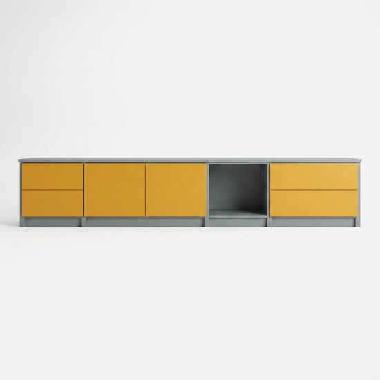 TV cabinet with drawers and doors | Lundia Original | Concrete grey & saffron yellow wood, vooraanzicht