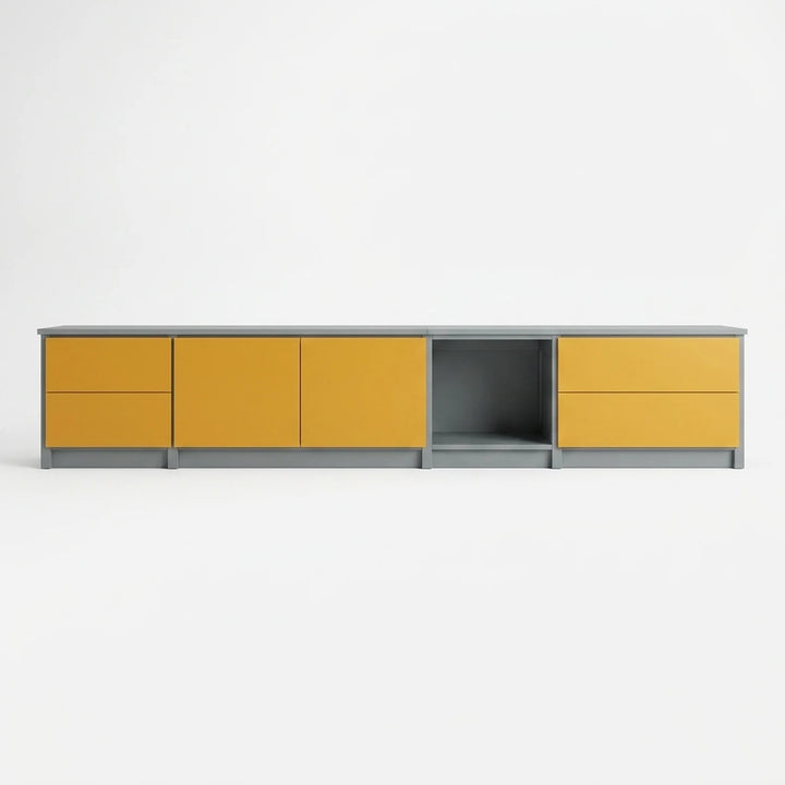 Meuble TV avec tiroirs et portes | Lundia Original | Gris béton & bois jaune safran, vooraanzicht