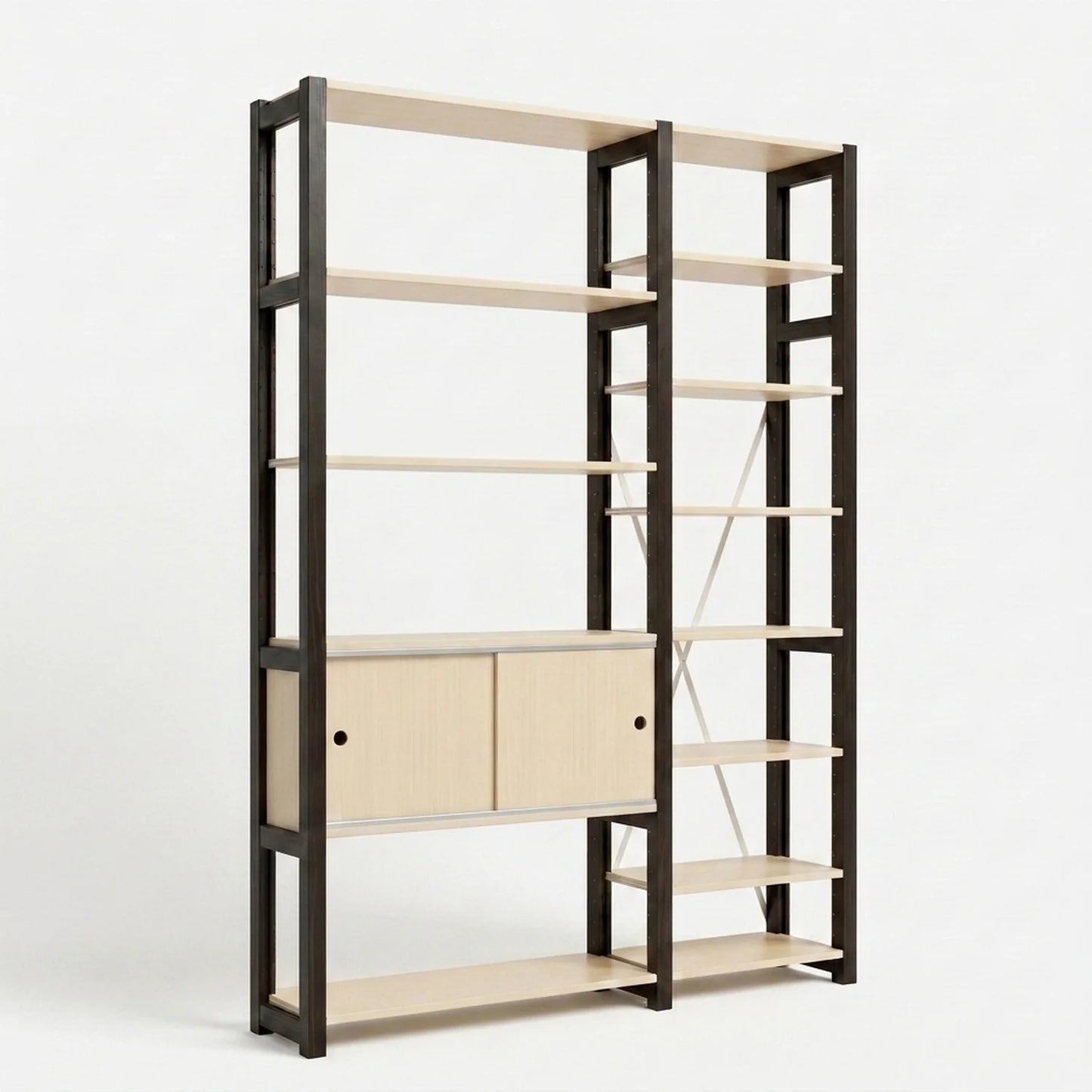 Bibliothèque moderne à portes coulissantes | Lundia Original | Bois laqué transparent et noir, perspectief