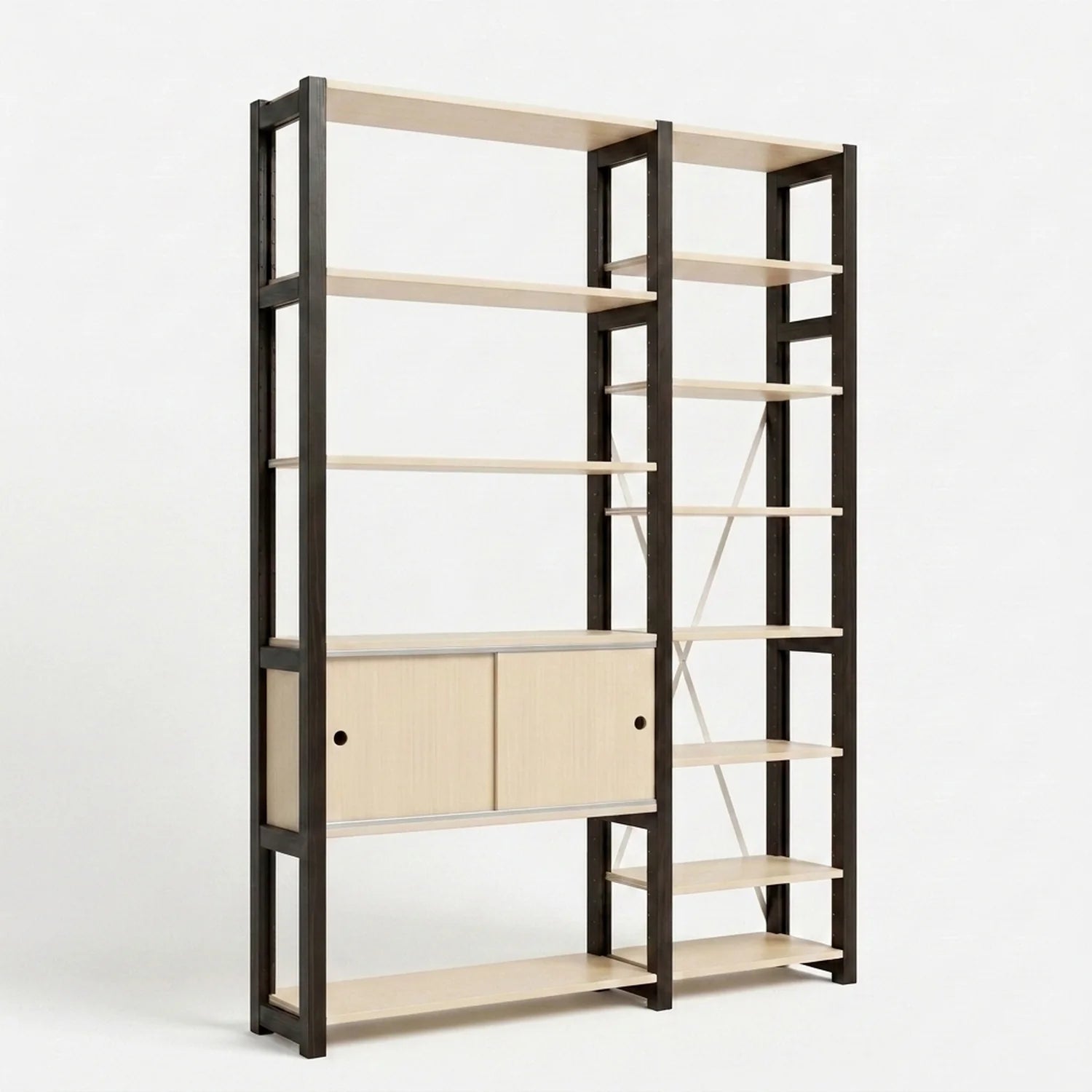 Bibliothèque moderne à portes coulissantes | Lundia Original | Bois laqué transparent et noir, perspectief