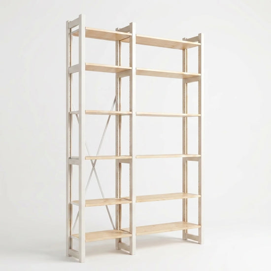 Scandinavian bookcase | Lundia Original | Clear lacquered &amp; white wood, perspectief