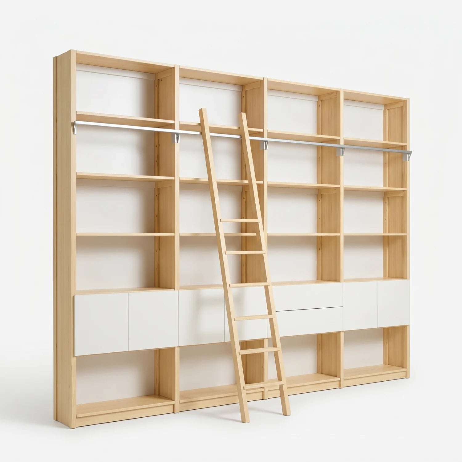 Scandinavian bookcase with drawers, doors and ladder | Lundia Original | Regular & white, perspectief