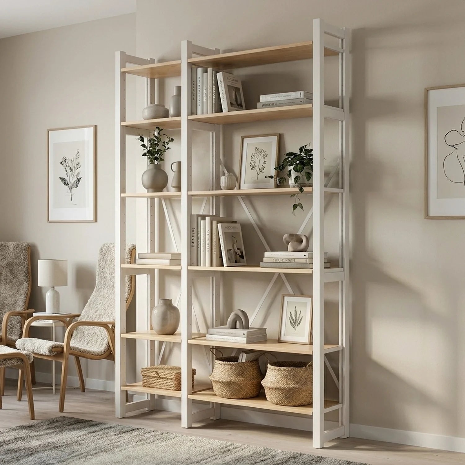 Scandinavian bookcase | Lundia Original | Clear lacquered &amp; white wood, sfeerbeeld perspectief