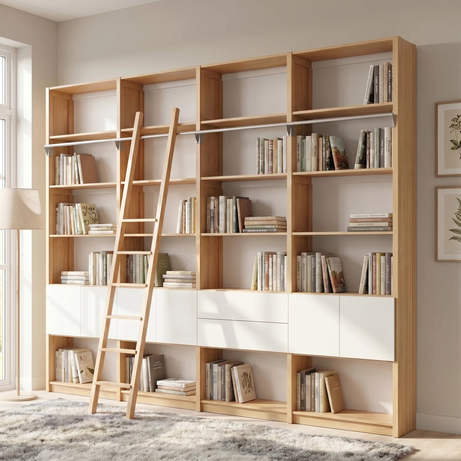 Scandinavian bookcase with drawers, doors and ladder | Lundia Original | Regular & white, sfeerbeeld perspectief