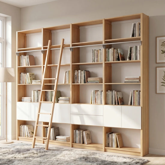 Scandinavian bookcase with drawers, doors and ladder | Lundia Original | Regular & white, sfeerbeeld perspectief