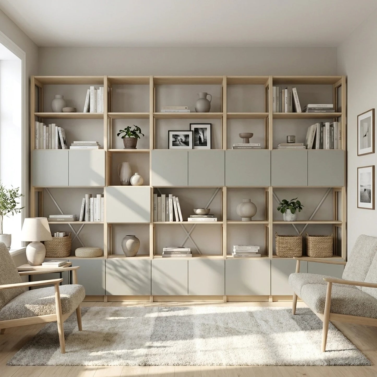 Open wandkast met deuren | Lundia Original | Blank gelakt & Nevelgrijs, sfeerbeeld perspectief