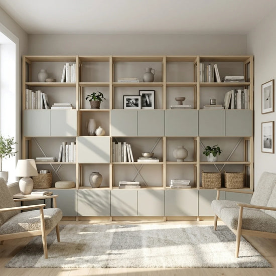 Open wandkast met deuren | Lundia Original | Blank gelakt & Nevelgrijs, sfeerbeeld perspectief
