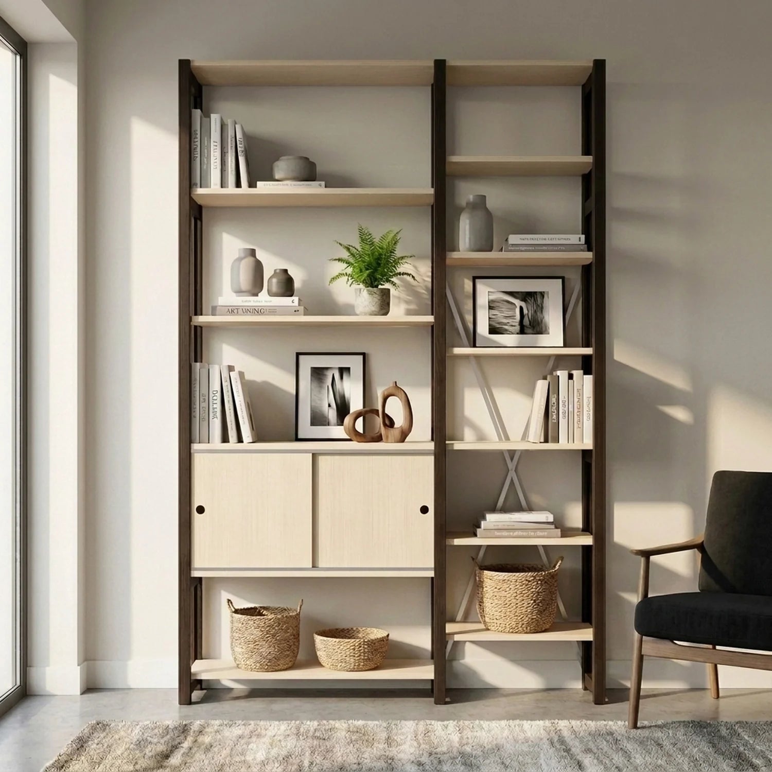 Bibliothèque moderne à portes coulissantes | Lundia Original | Bois laqué transparent et noir, sfeerbeeld vooraanzicht