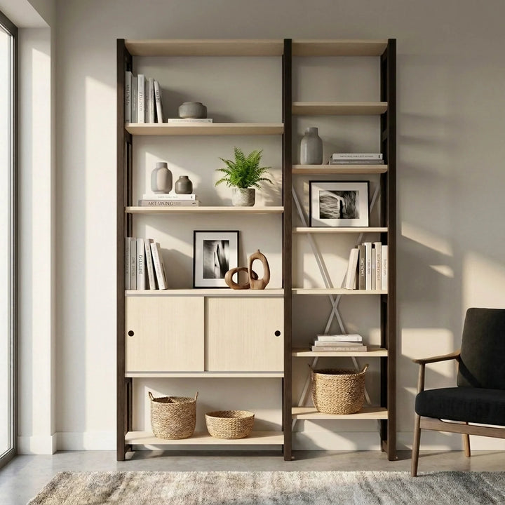 Moderne boekenkast met schuifdeurtjes | Lundia Original | Blank gelakt en zwart hout, sfeerbeeld vooraanzicht