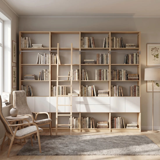 Scandinavian bookcase with drawers, doors and ladder | Lundia Original | Regular & white, sfeerbeeld vooraanzicht
