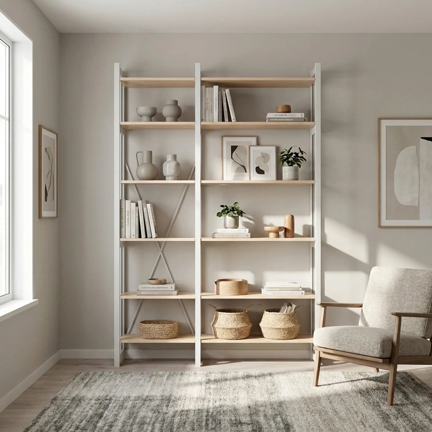 Scandinavian bookcase | Lundia Original | Clear lacquered &amp; white wood, sfeerbeeld vooraanzicht