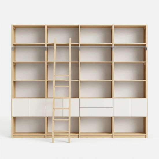 Scandinavian bookcase with drawers, doors and ladder | Lundia Original | Regular & white, vooraanzicht