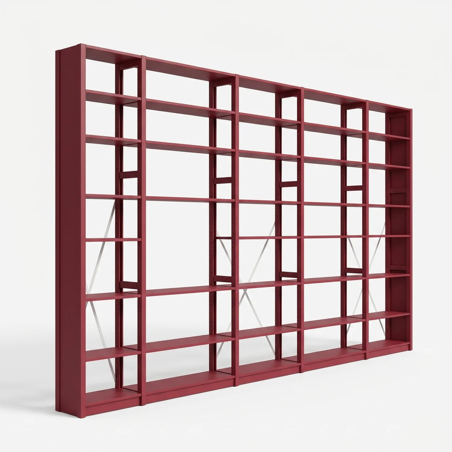 Bibliothèque avec diagonales | Lundia Original | Rouge bordeaux & métal blanc, perspectief