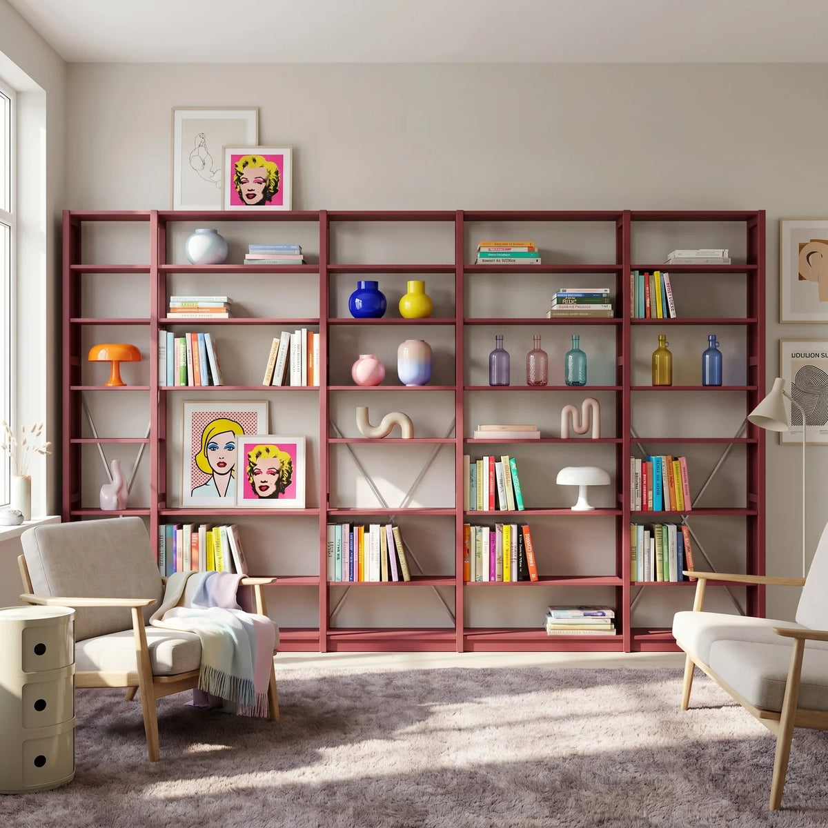 Bookcase with diagonals | Lundia Original | Bordeaux red & white metal, sfeerbeeld perspectief