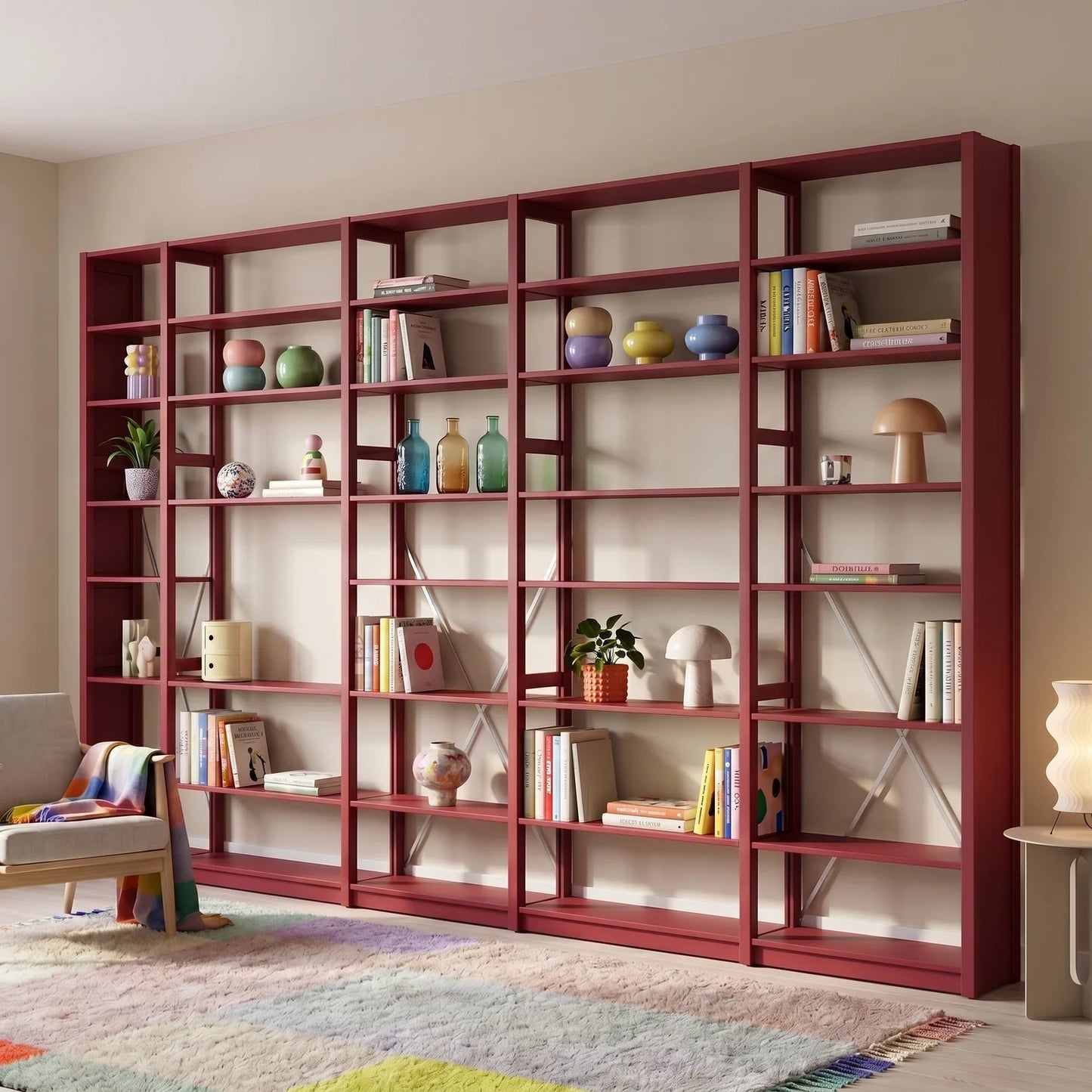 Bibliothèque avec diagonales | Lundia Original | Rouge bordeaux & métal blanc, sfeerbeeld vooraanzicht