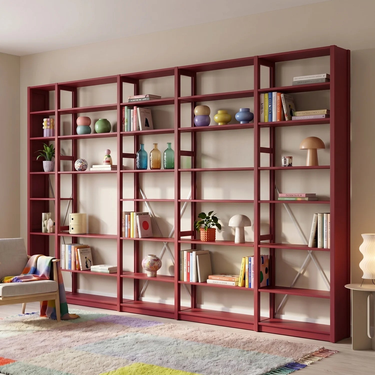 Bibliothèque avec diagonales | Lundia Original | Rouge bordeaux & métal blanc, sfeerbeeld vooraanzicht