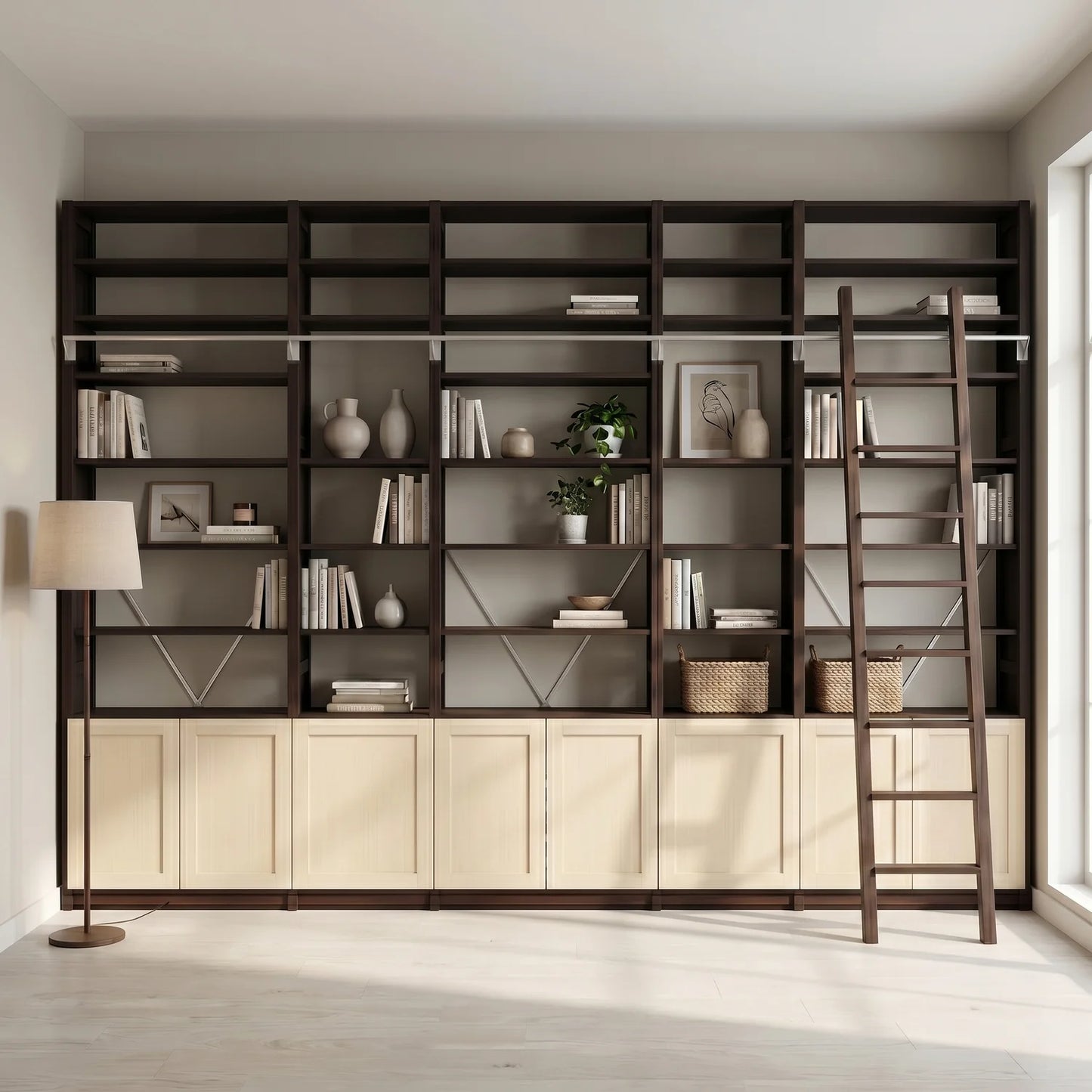 Modern bookcase with doors | Lundia Original | Dark & regular, sfeerbeeld perspectief