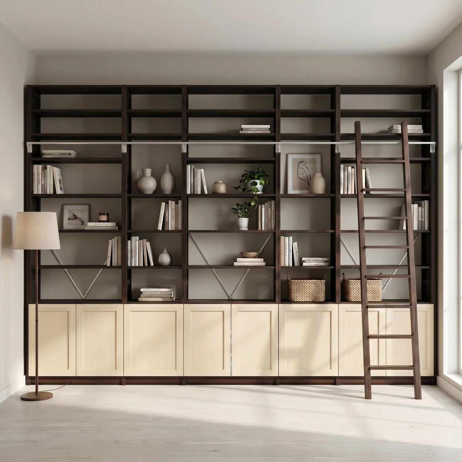 Modern bookcase with doors | Lundia Original | Dark & regular, sfeerbeeld perspectief
