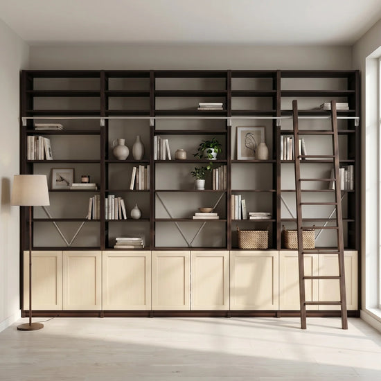 Modern bookcase with doors | Lundia Original | Dark & regular, sfeerbeeld perspectief