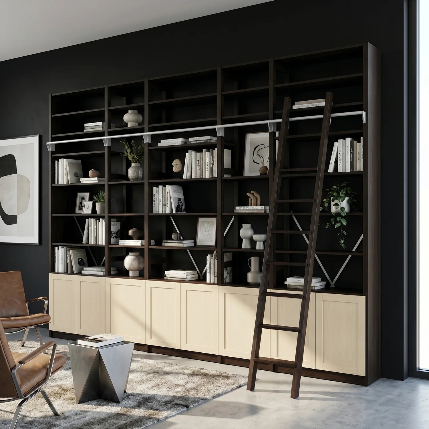 Modern bookcase with doors | Lundia Original | Dark & regular, sfeerbeeld vooraanzicht