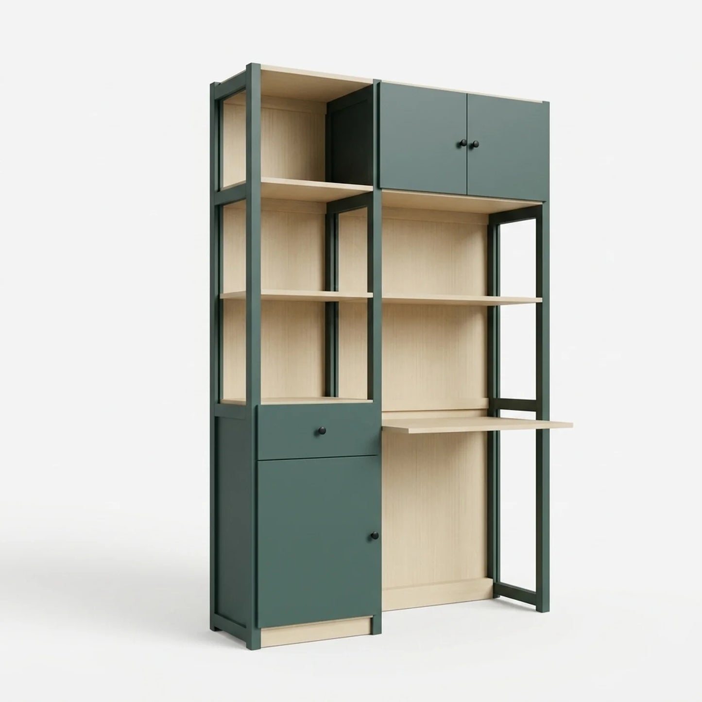 Bureaukast met laden en deuren | Lundia Original | Dennengroen & Blank gelakt hout, perspectief