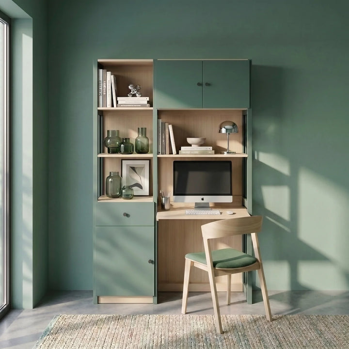 Meuble de bureau avec tiroirs et portes | Lundia Original | Vert pin & bois laqué transparent, sfeerbeeld perspectief