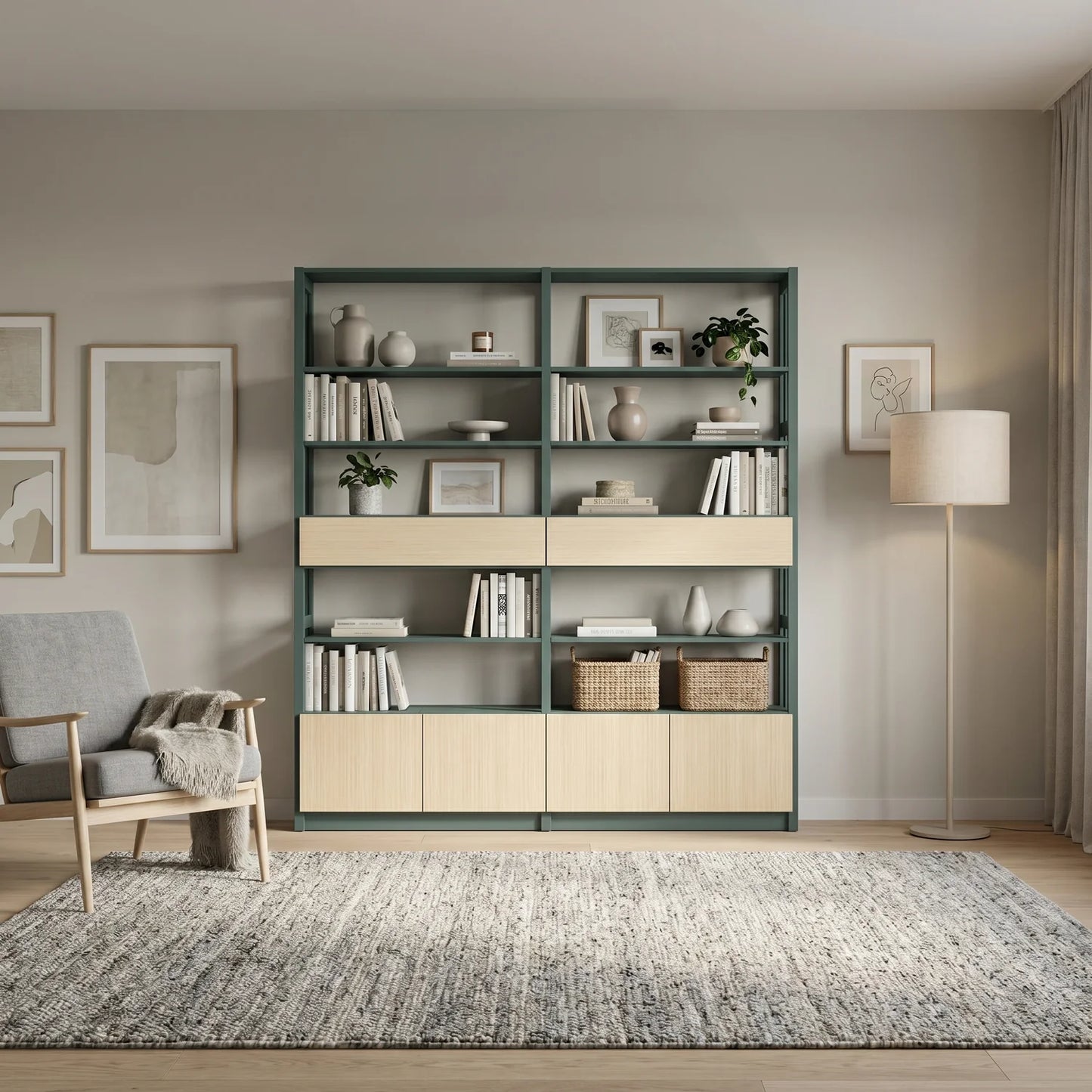 Scandinavian wall cabinet with drawers and doors | Lundia Original | Pine green & regular, sfeerbeeld perspectief