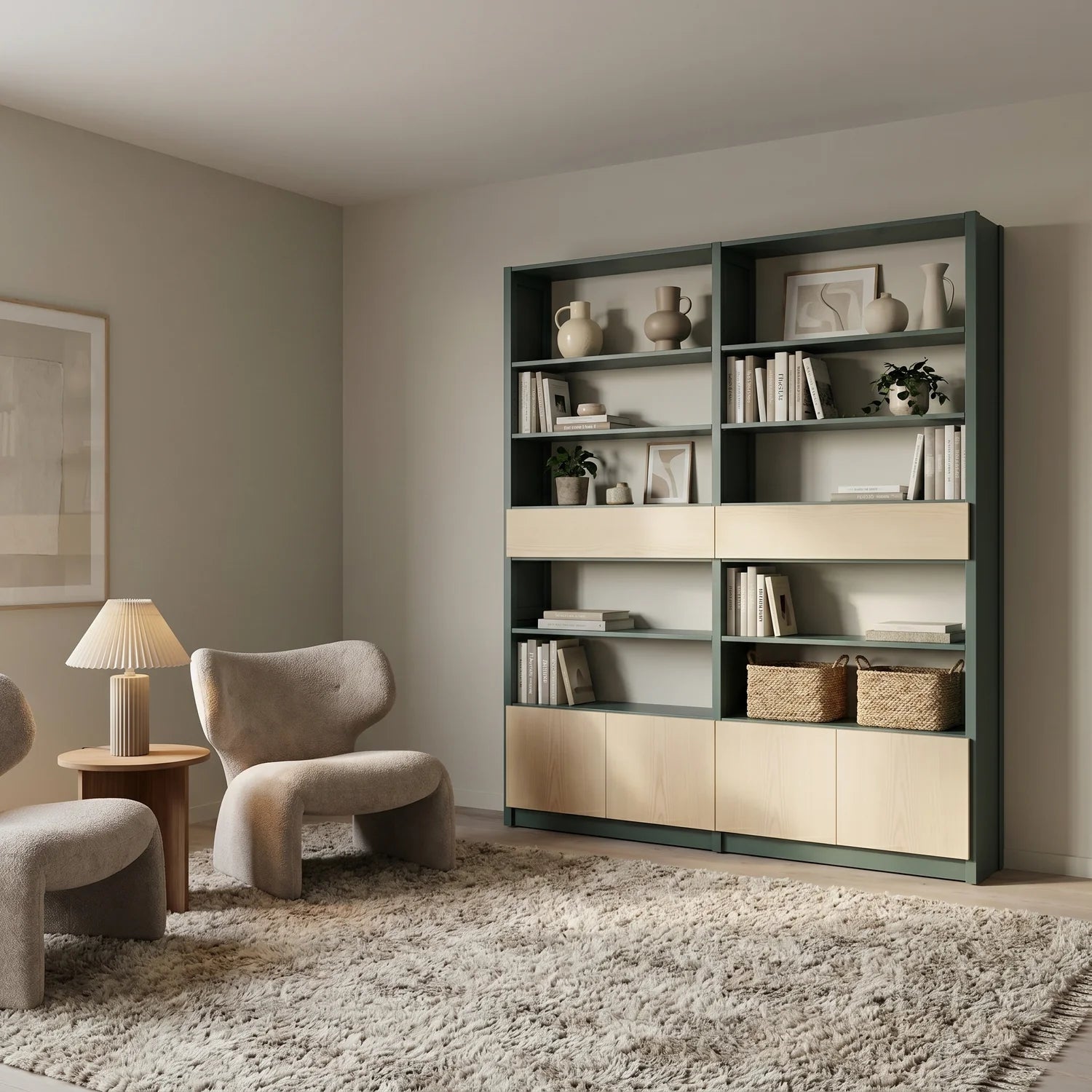 Scandinavian wall cabinet with drawers and doors | Lundia Original | Pine green & regular, sfeerbeeld vooraanzicht