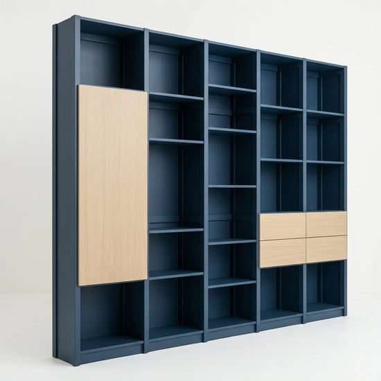 Bookcase with doors and drawers | Lundia Original | Hague blue &amp; clear lacquered wood, perspectief