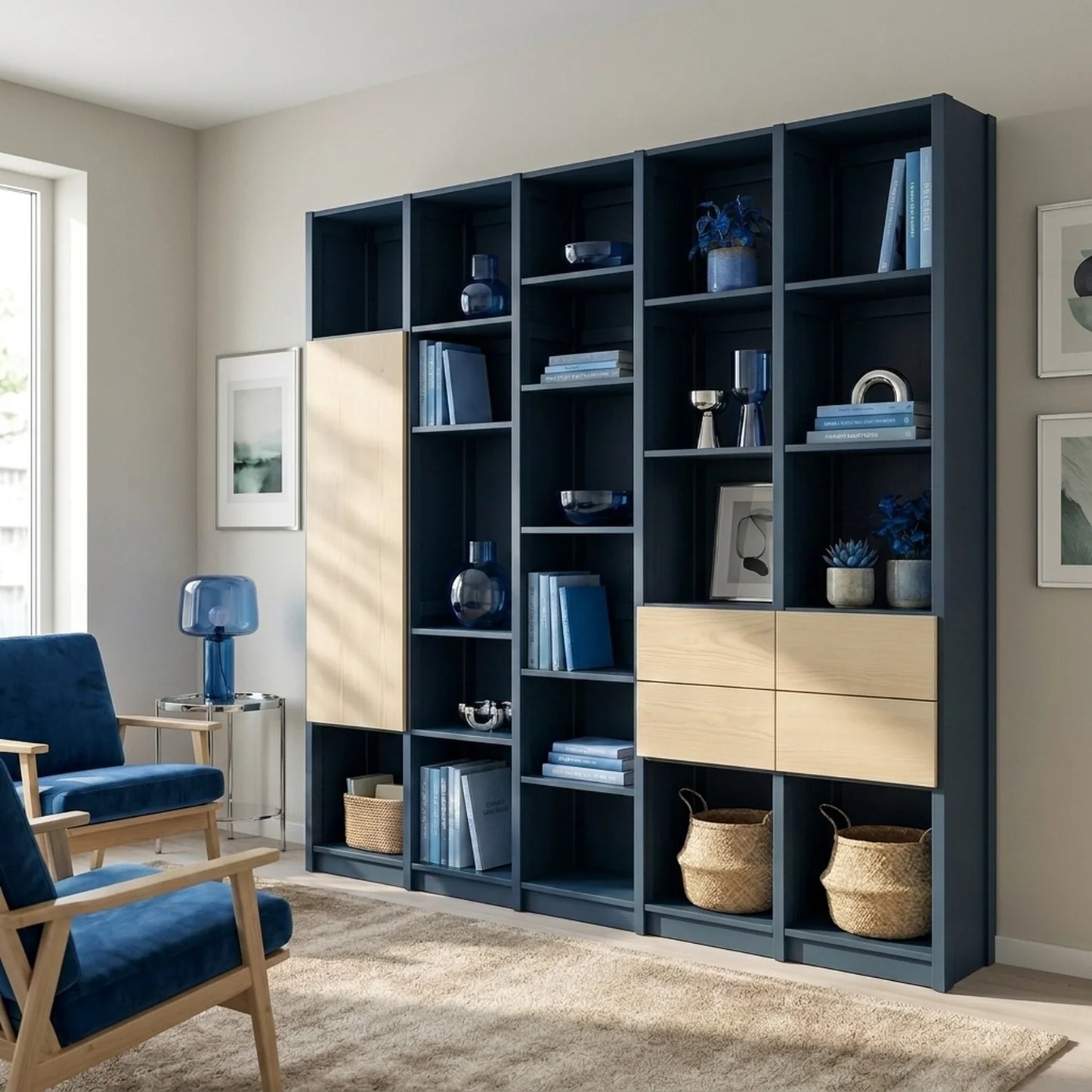 Bookcase with doors and drawers | Lundia Original | Hague blue &amp; clear lacquered wood, sfeerbeeld perspectief