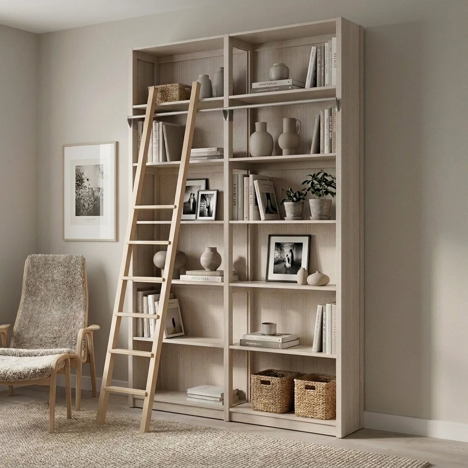 Bibliothèque en bois avec échelle | Lundia Original | Bois latte, sfeerbeeld perspectief
