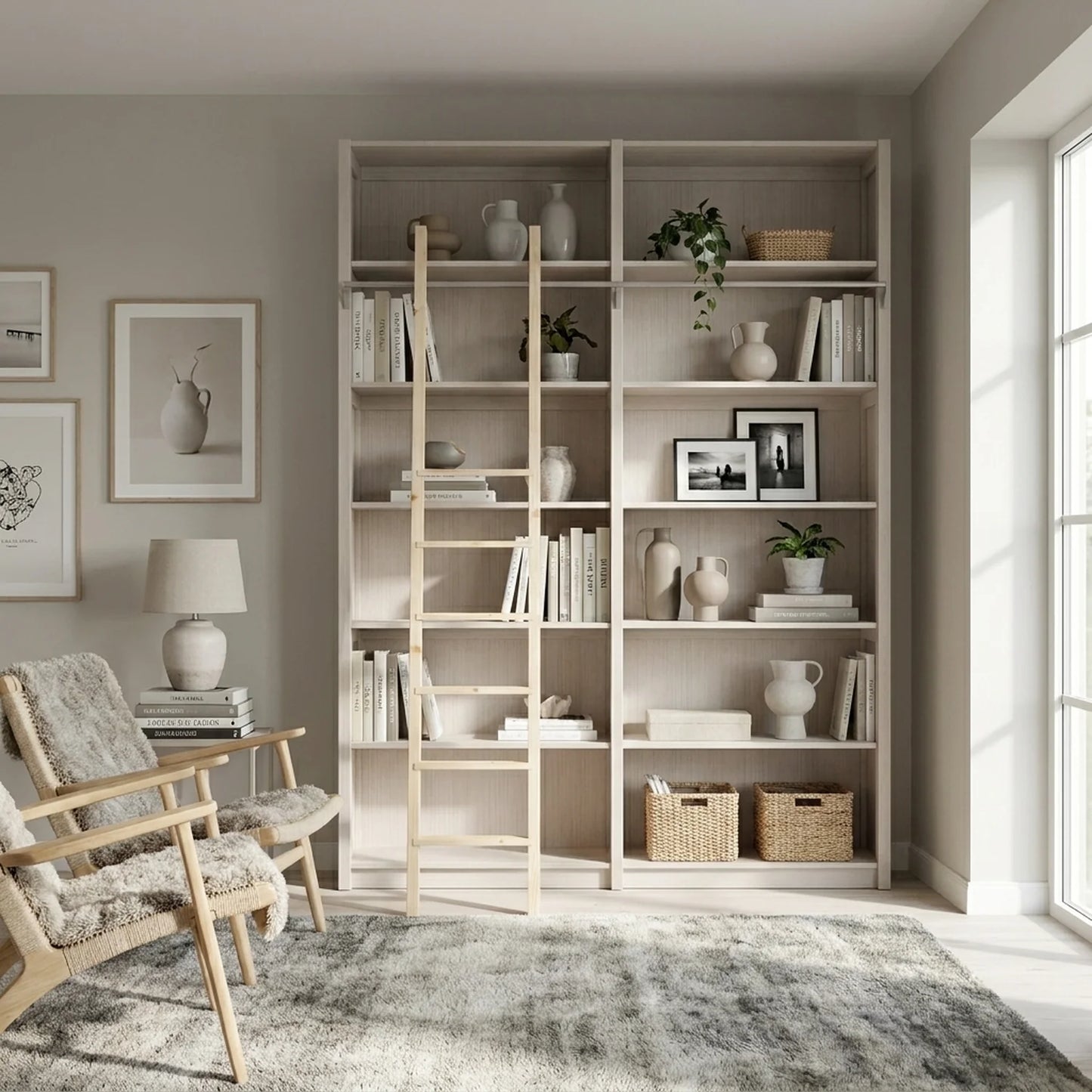 Bibliothèque en bois avec échelle | Lundia Original | Bois latte, sfeerbeeld vooraanzicht