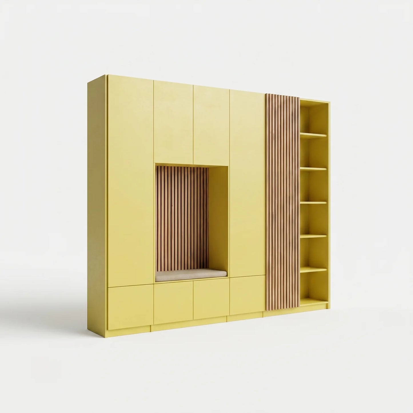 Wandkast met zithoek en lattenwanden | Lundia Original maatwerk | Mustard green hout, perspectief