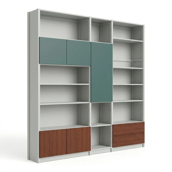 Boekenkast met speelse deurenindeling en lades | Lundia Original | Nevelgrijs, dennengroen & castagne, perspectief