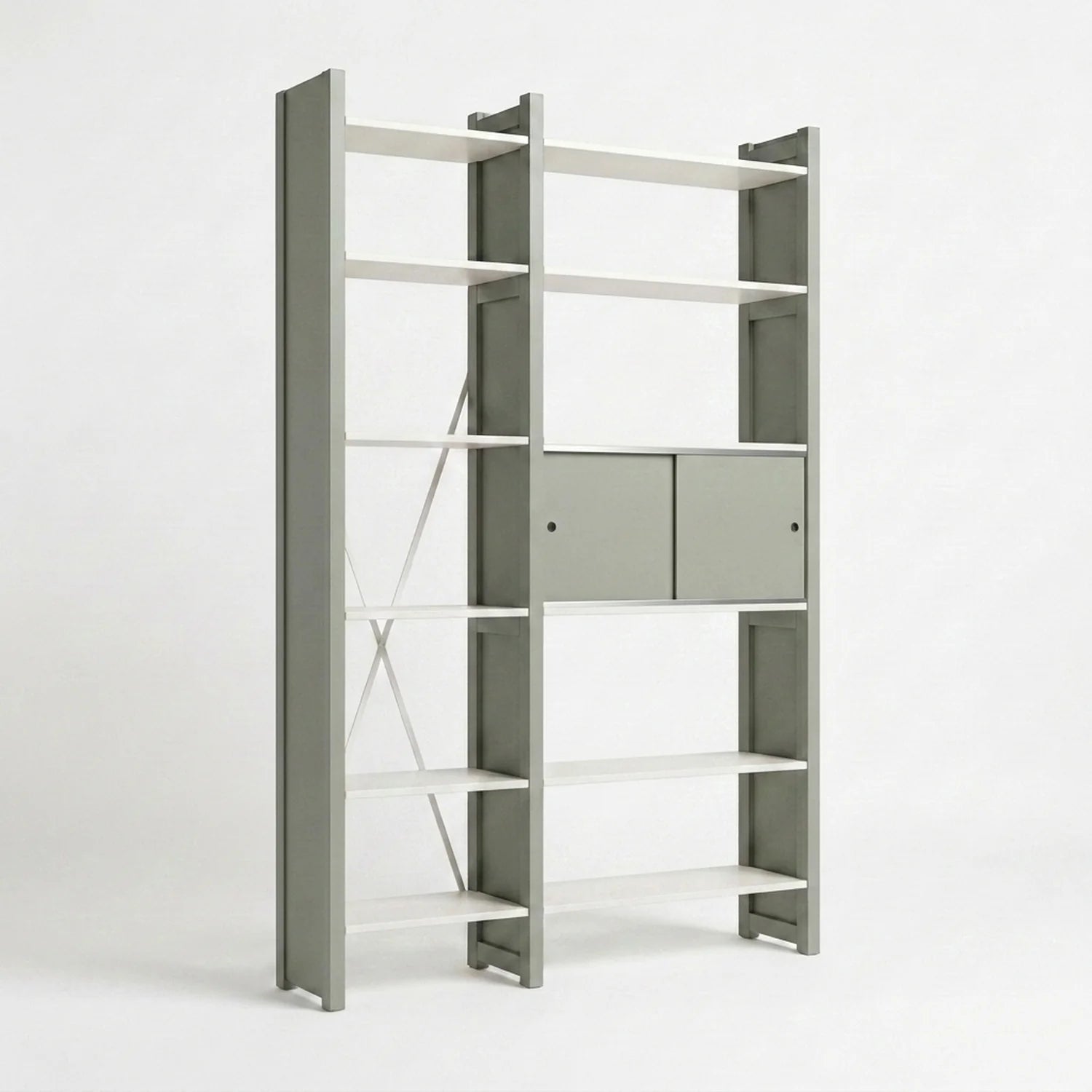 Boekenkast met schuifdeurtjes | Lundia Original | Nevelgrijs & wit hout, perspectief