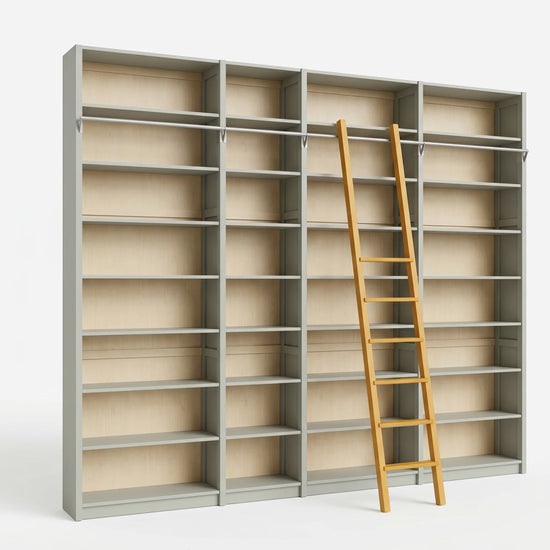 Scandinavian bookcase with ladder | Lundia Original | Mist grey & saffron yellow, perspectief