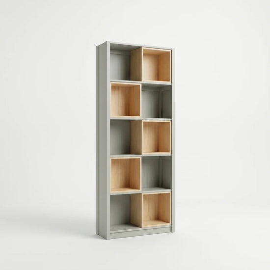 Bookcase with Insert Boxes | Lundia Original | Mist Grey & Clear Lacquered Wood, perspectief