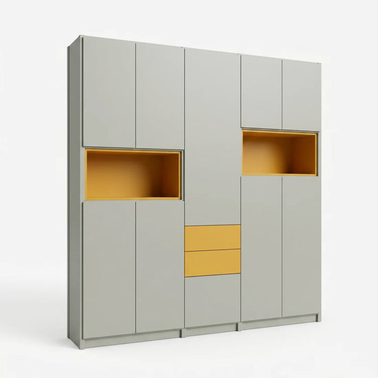 Large wall cabinet with doors and insert boxes | Lundia Original | Mist grey & saffron yellow, perspectief