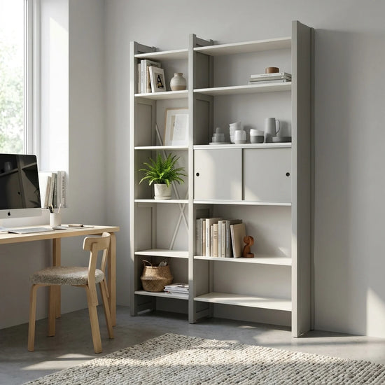 Boekenkast met schuifdeurtjes | Lundia Original | Nevelgrijs & wit hout, sfeerbeeld perspectief