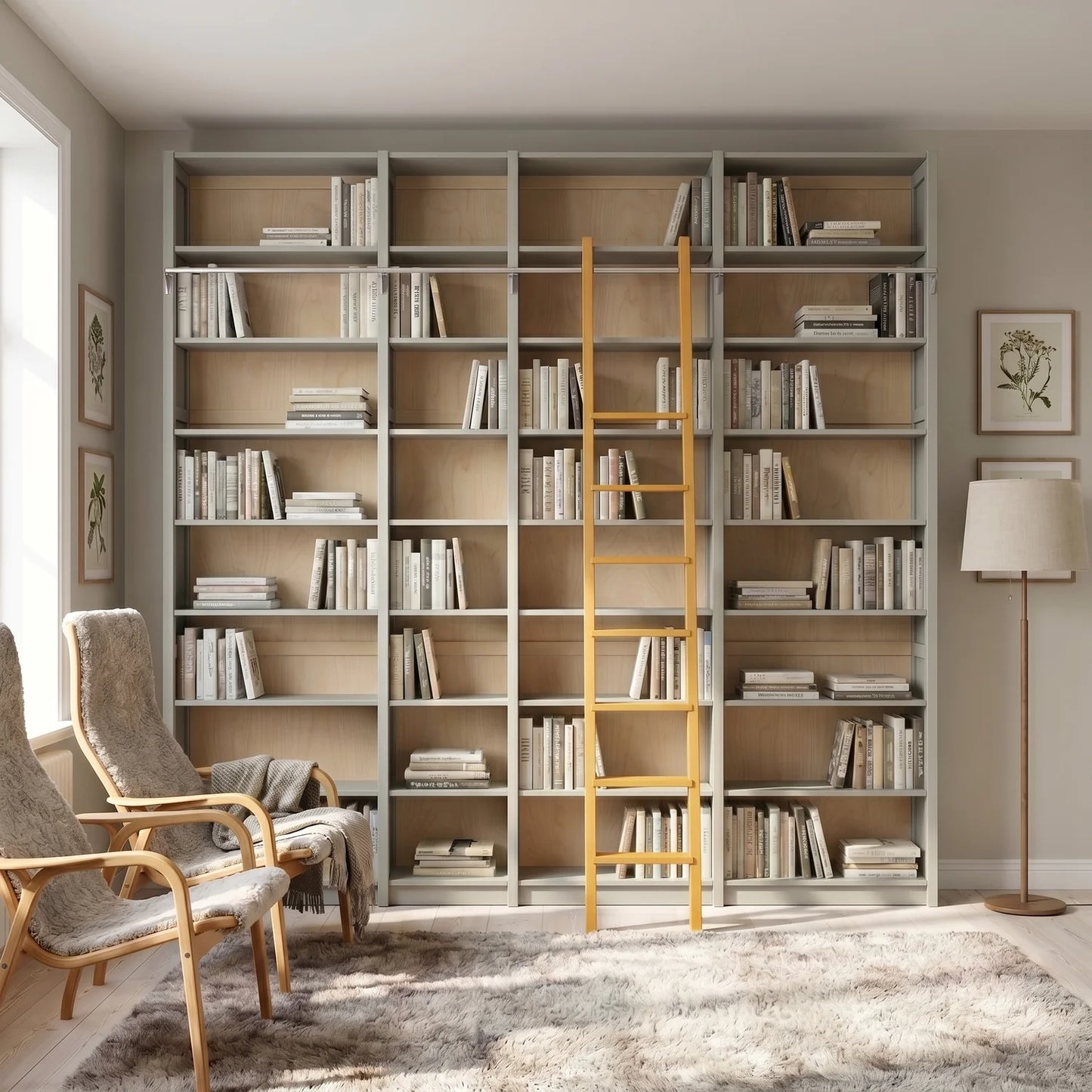 Scandinavian bookcase with ladder | Lundia Original | Mist grey & saffron yellow, sfeerbeeld perspectief