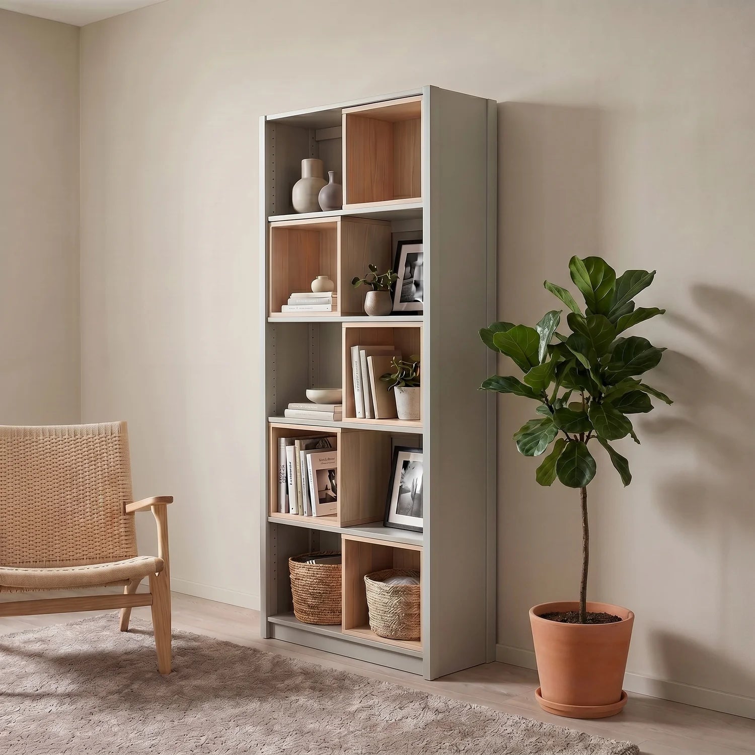 Bookcase with Insert Boxes | Lundia Original | Mist Grey & Clear Lacquered Wood, sfeerbeeld perspectief