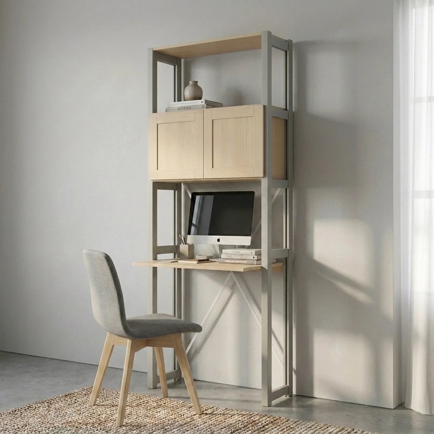 Compact desk cabinet with doors | Lundia Original | Mist Grey & Clear lacquered wood, sfeerbeeld perspectief