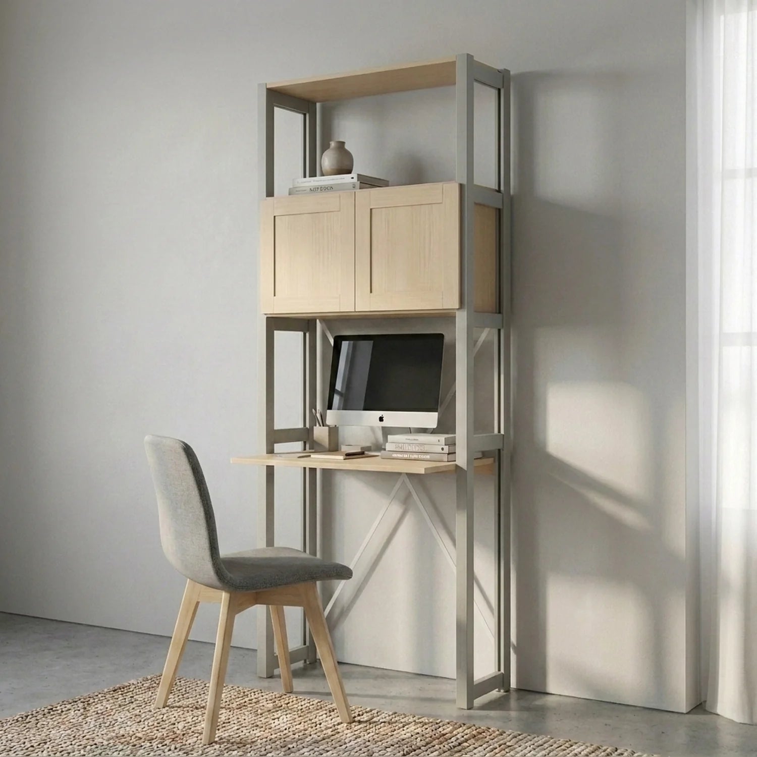 Compact desk cabinet with doors | Lundia Original | Mist Grey & Clear lacquered wood, sfeerbeeld perspectief