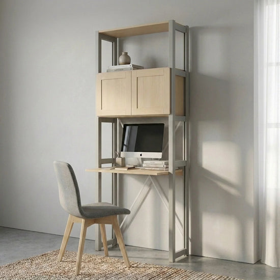Compact desk cabinet with doors | Lundia Original | Mist Grey & Clear lacquered wood, sfeerbeeld perspectief