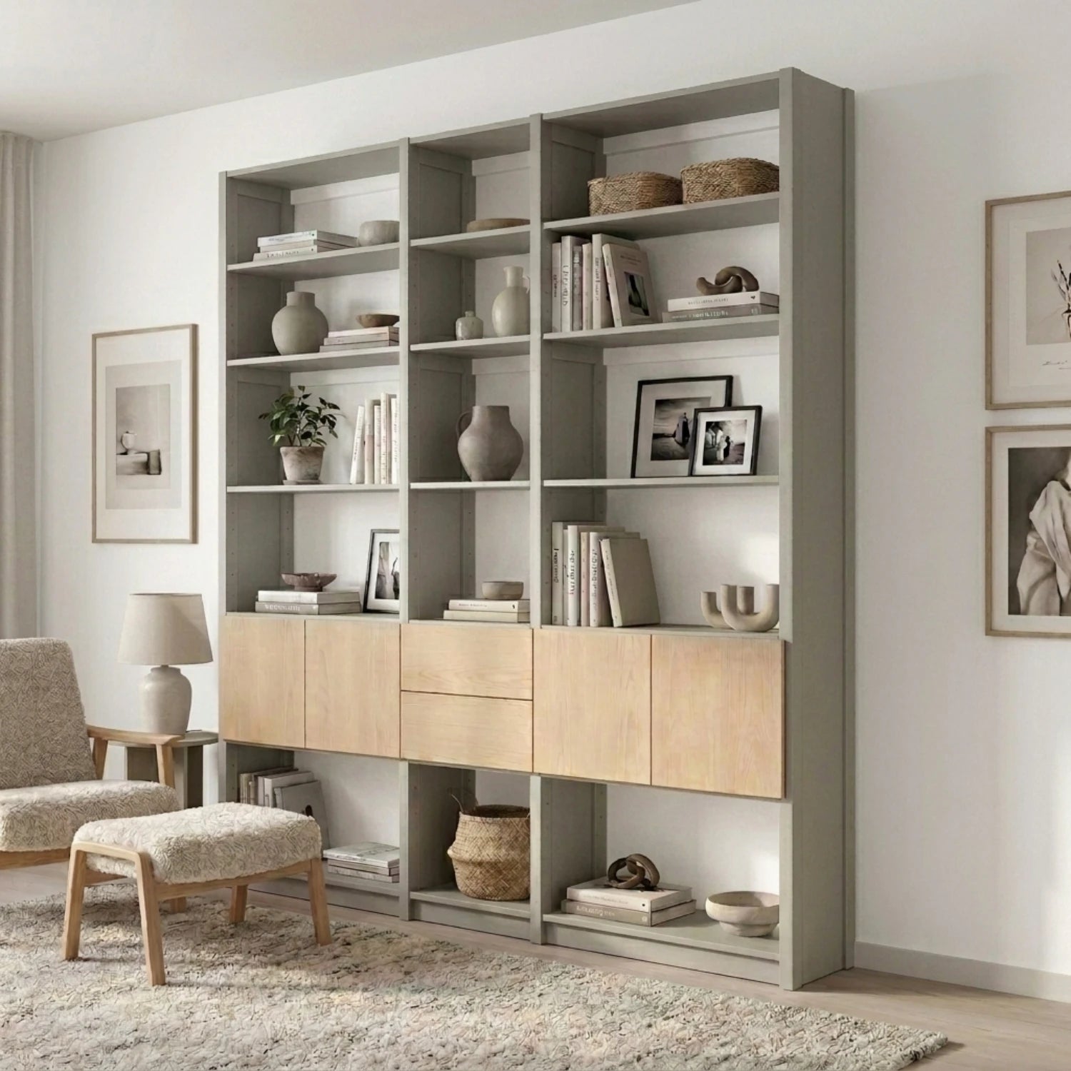 Bibliothèque avec portes et tiroirs | Lundia Original | Gris brume, blanc, bois laqué transparent, sfeerbeeld perspectief