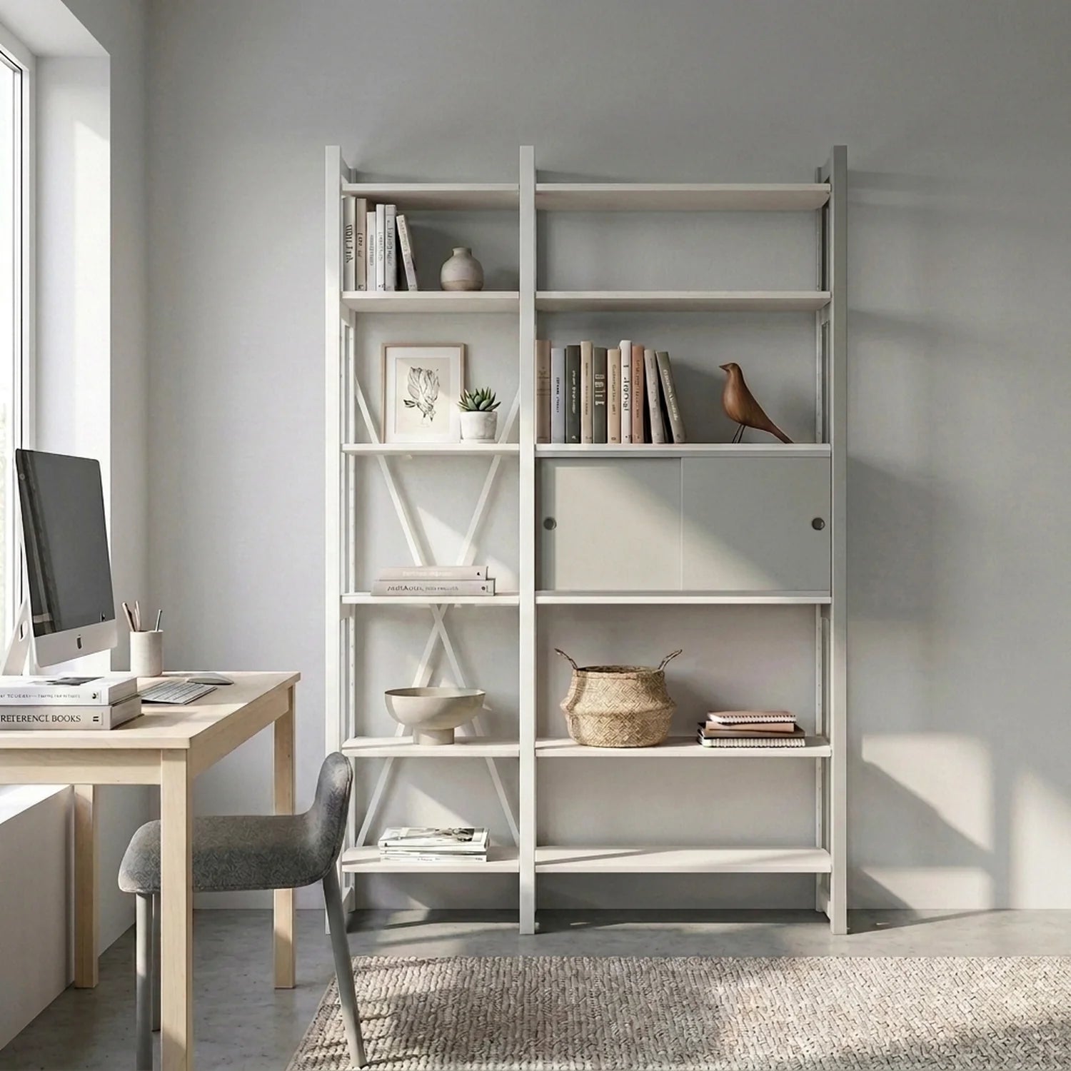 Boekenkast met schuifdeurtjes | Lundia Original | Nevelgrijs & wit hout, sfeerbeeld vooraanzicht