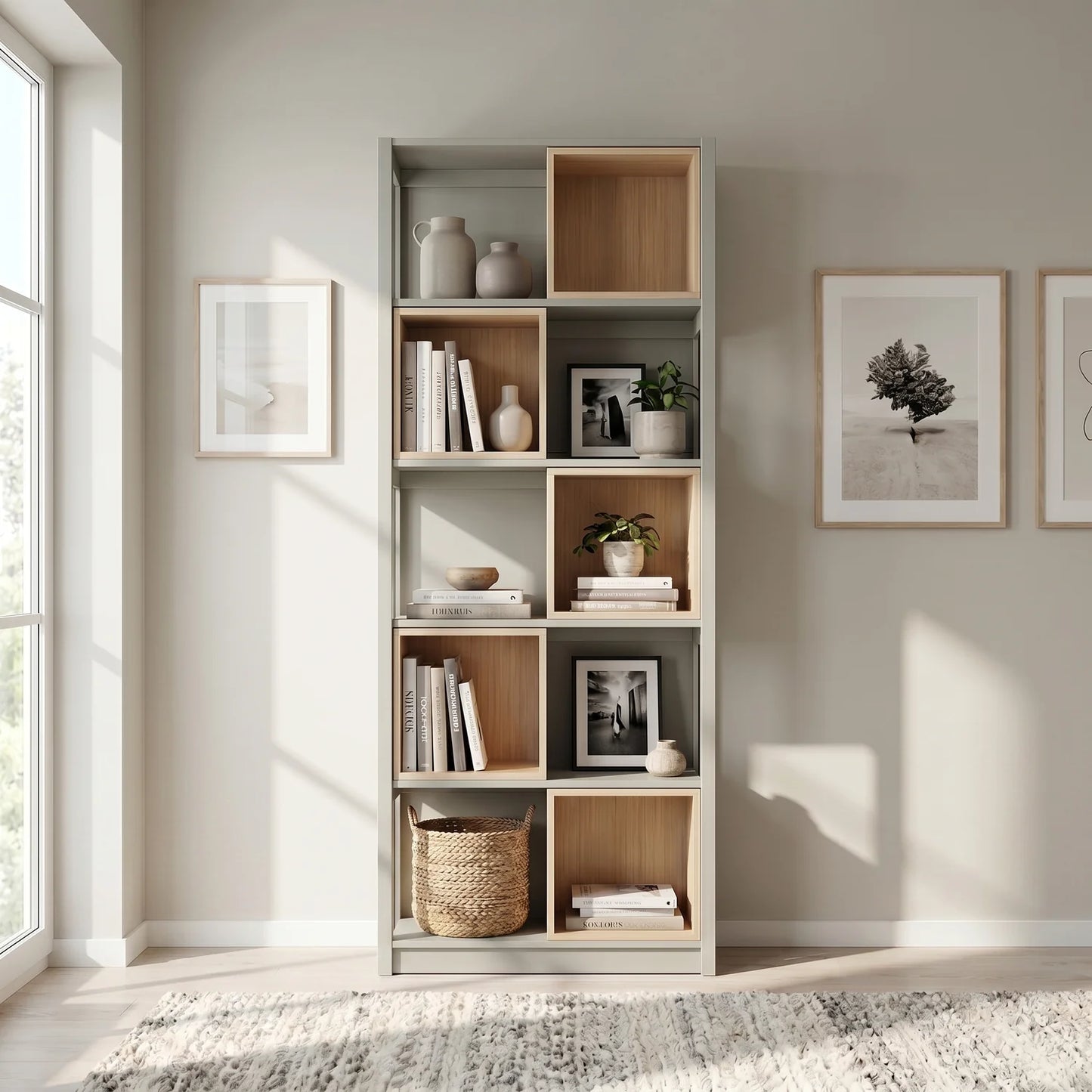 Bookcase with Insert Boxes | Lundia Original | Mist Grey & Clear Lacquered Wood, sfeerbeeld vooraanzicht