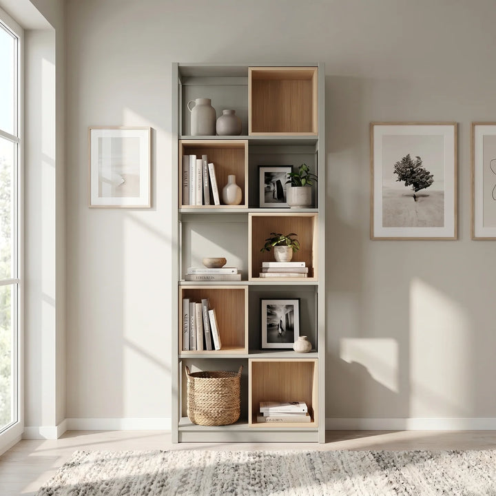 Bookcase with Insert Boxes | Lundia Original | Mist Grey & Clear Lacquered Wood, sfeerbeeld vooraanzicht