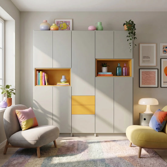Large wall cabinet with doors and insert boxes | Lundia Original | Mist grey & saffron yellow, sfeerbeeld vooraanzicht