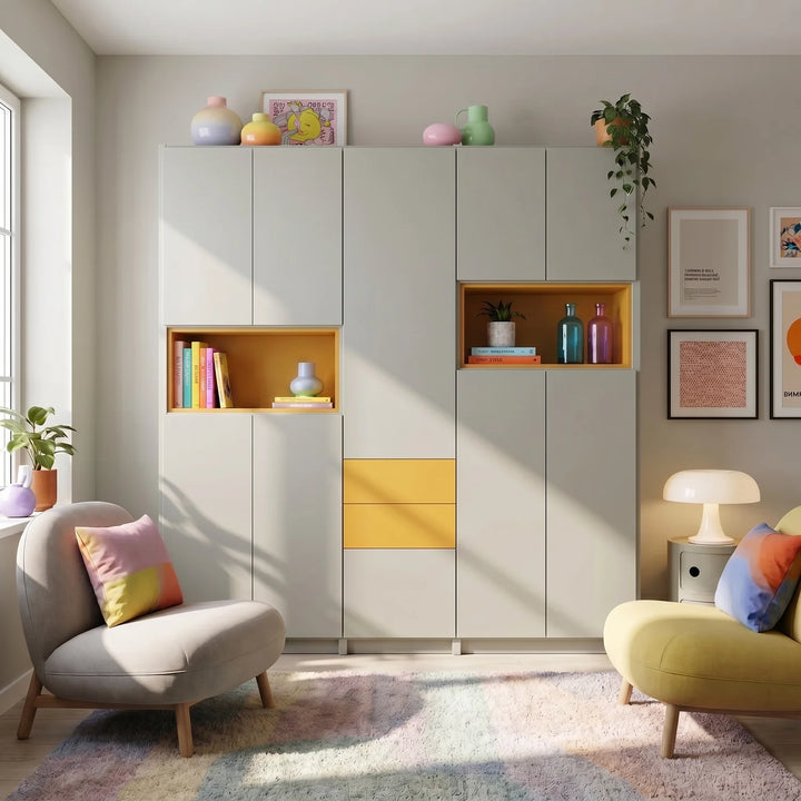 Large wall cabinet with doors and insert boxes | Lundia Original | Mist grey & saffron yellow, sfeerbeeld vooraanzicht